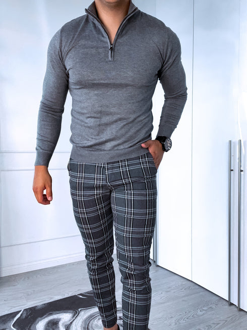 Yellow checked, elastic men's pants - gray